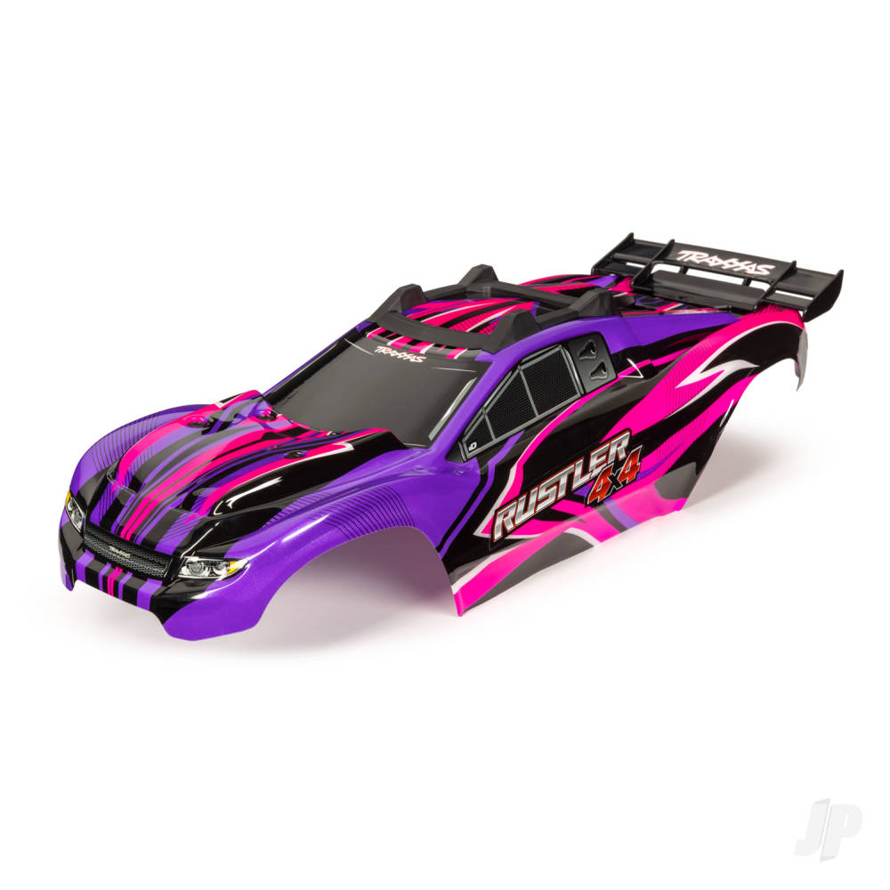 Traxxas Body, Rustler 4X4, Pink & Purple / window, grille, lights decal sheet (assembled with front & rear body mounts and rear body support for clipless mounting)