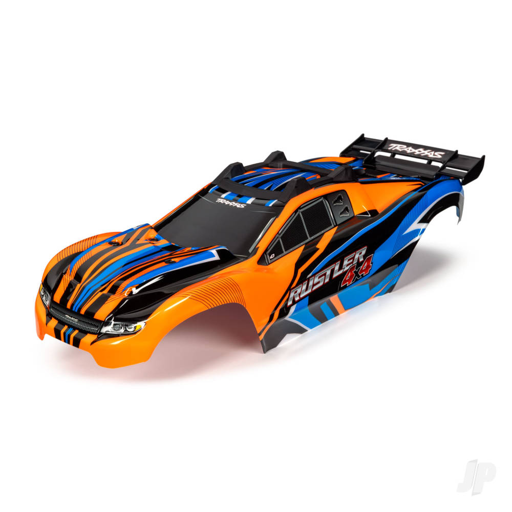 Traxxas Body, Rustler 4X4, Orange & Blue / window, grille, lights decal sheet (assembled with front & rear body mounts and rear body support for clipless mounting)
