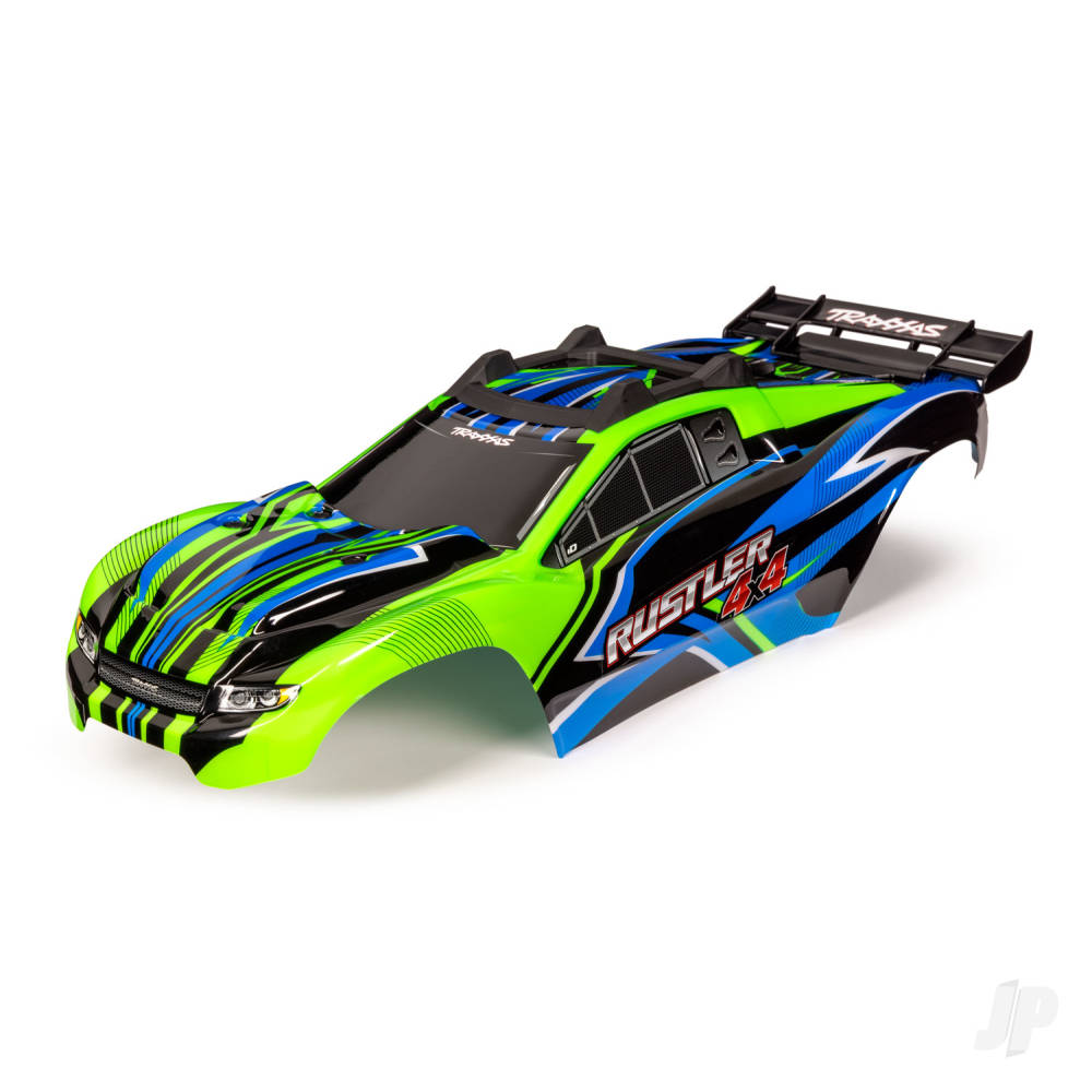 Traxxas Body, Rustler 4X4, Green & Blue / window, grille, lights decal sheet (assembled with front & rear body mounts and rear body support for clipless mounting)