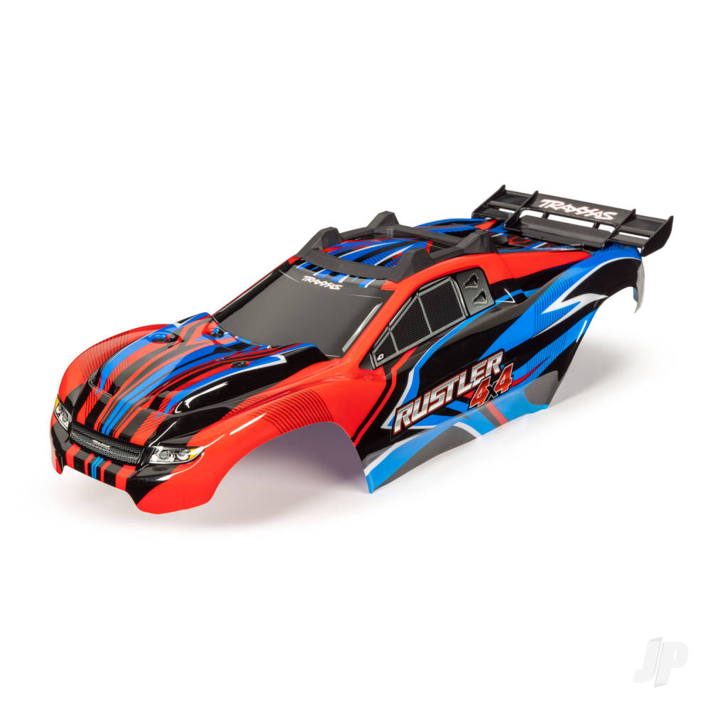 Traxxas Body, Rustler 4X4, Red & Blue / window, grille, lights decal sheet (assembled with front & rear body mounts and rear body support for clipless mounting)