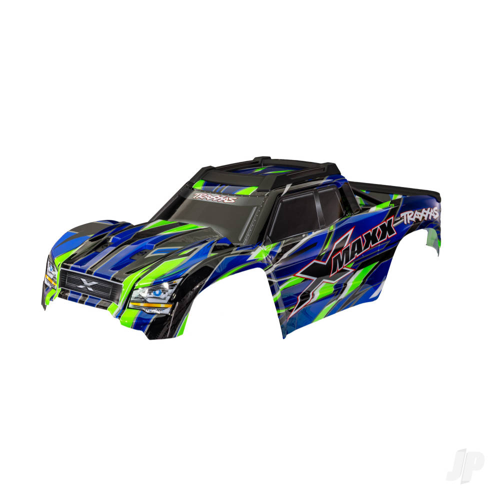 Traxxas Body, X-Maxx, Green (painted, decals applied) (assembled with front & rear body mounts, rear body support, and tailgate protector)