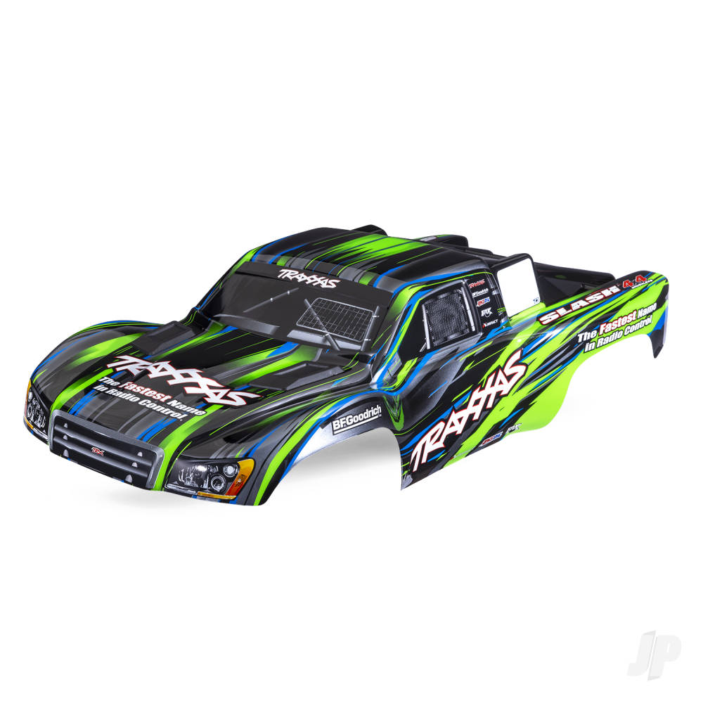Traxxas Body, Slash 4X4, Green (painted, decals applied) (assembled with front & rear body mount latches for clipless mounting)