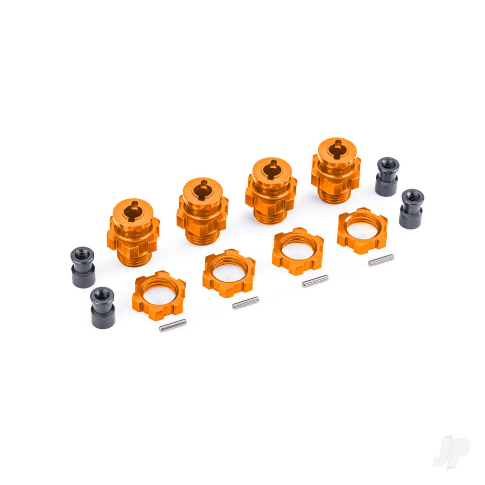 Traxxas Wheel hubs, splined, 17mm, short (Orange-anodised) (4), wheel nuts, splined, 17mm (Orange-anodised) (4), hub retainer M4 X 0.7 (4), axle pin (4) (for use with #9080 upgrade kit)