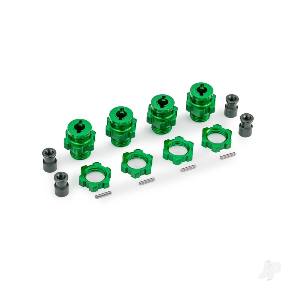 Traxxas Wheel hubs, splined, 17mm, short (Green-anodised) (4), wheel nuts, splined, 17mm (Green-anodised) (4), hub retainer M4 X 0.7 (4), axle pin (4) (for use with #9080 upgrade kit)