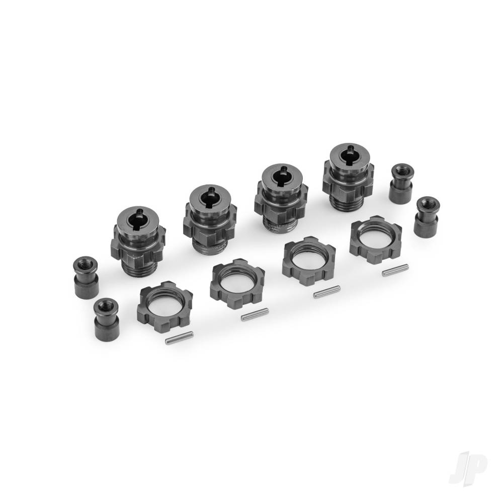 Traxxas Wheel hubs, splined, 17mm, short (Grey-anodised) (4), wheel nuts, splined, 17mm (Grey-anodised) (4), hub retainer M4 X 0.7 (4), axle pin (4) (for use with #9080 upgrade kit)