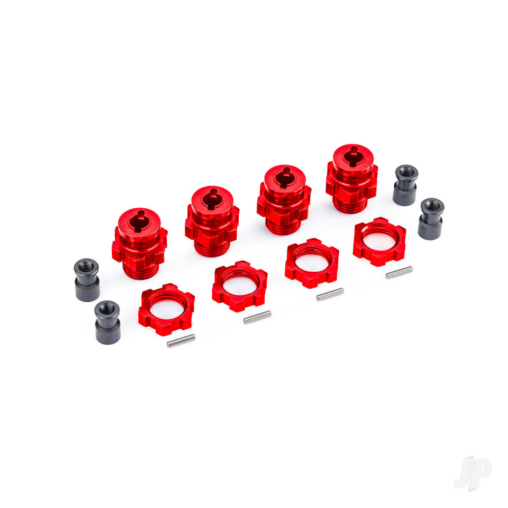 Traxxas Wheel hubs, splined, 17mm, short (Red-anodised) (4), wheel nuts, splined, 17mm (Red-anodised) (4), hub retainer M4 X 0.7 (4), axle pin (4) (for use with #9080 upgrade kit)