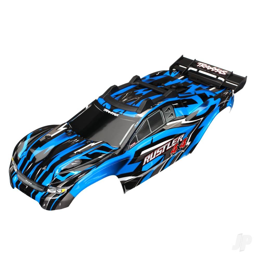 traxxas-body-rustler-4x4-blue-window-grille-lights-decal-sheet-assembled-with-front-rear-body-mounts-and-rear-body-support-for-clipless-mounting