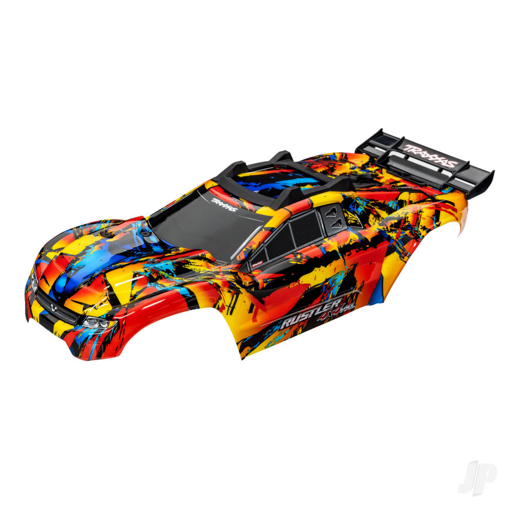 traxxas-body-rustler-4x4-vxl-solar-flare-painted-decals-applied-assembled-with-front-rear-body-mounts-and-rear-body-support-for-clipless-mounting