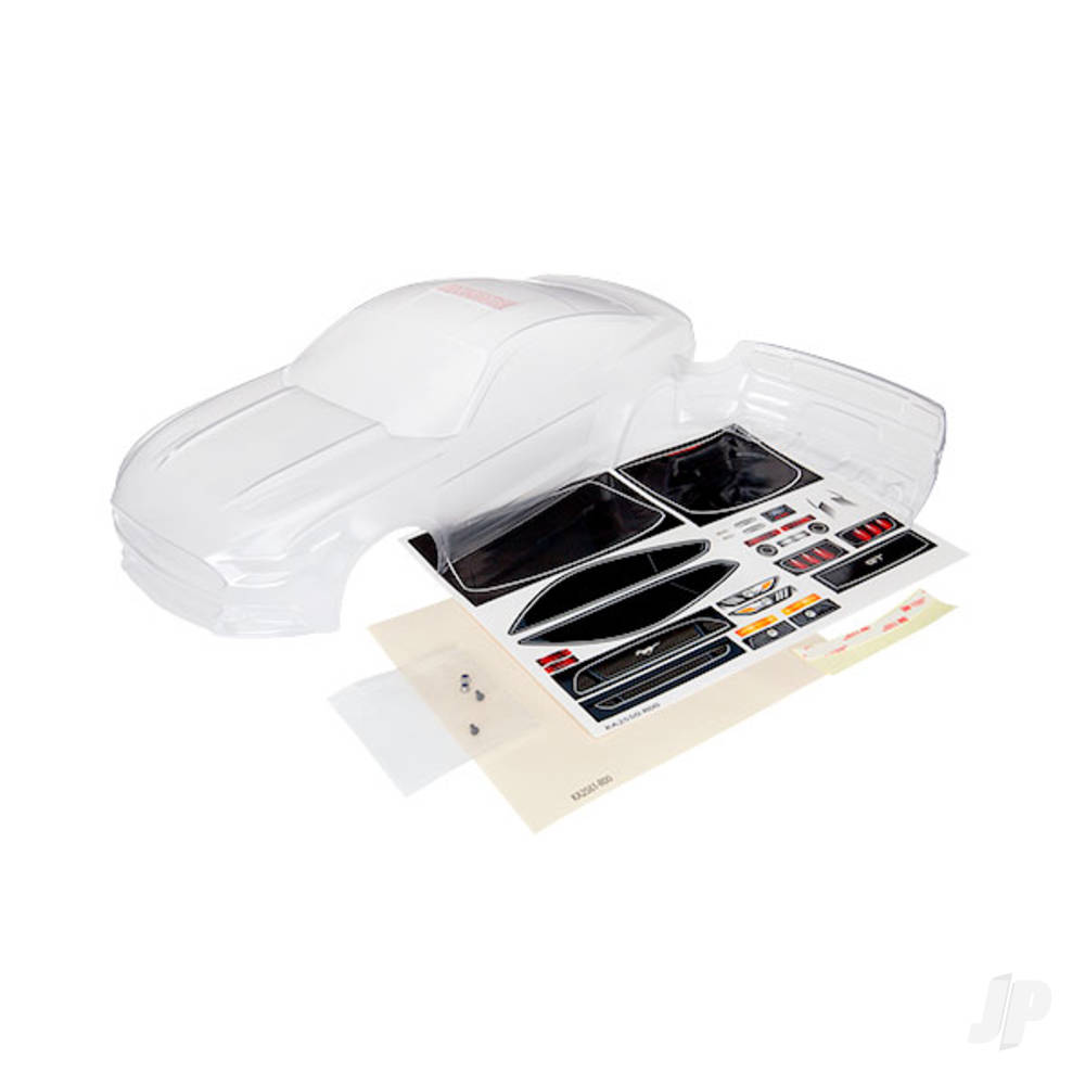 Traxxas Body, Ford Mustang (Clear, requires painting) / window masks / decal sheet