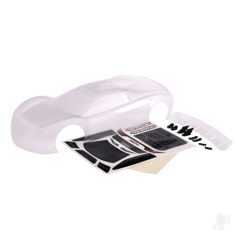 Traxxas Body, XO-1 (Clear, requires painting) / wing / wing washers (left & right) / wing mounts (2) / washers (2) / 4x10mm BCS (4) / 4x12mm BCS (4) / decals