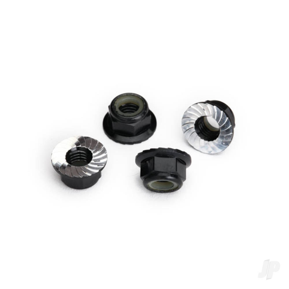 Traxxas Nuts, 5mm flanged nylon locking (Aluminium, Black-anodised, serrated) (4 pcs)