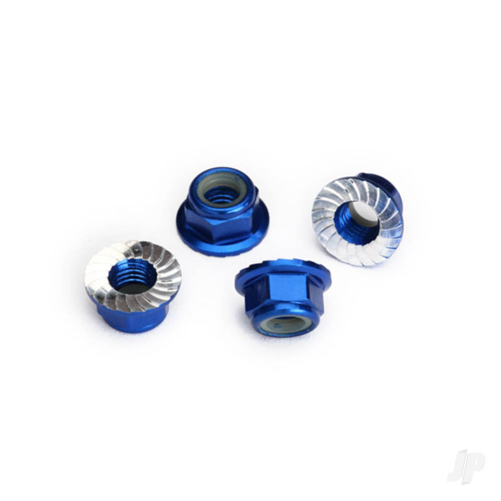 Traxxas Nuts, 5mm flanged nylon locking (Aluminium, Blue-anodised, serrated) (4 pcs)