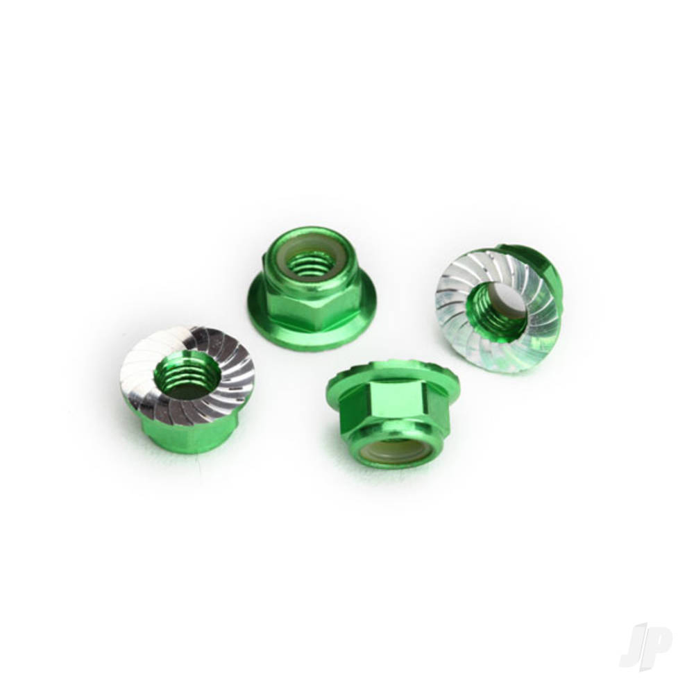 Traxxas Nuts, 5mm flanged nylon locking (Aluminium, Green-anodised, serrated) (4 pcs)