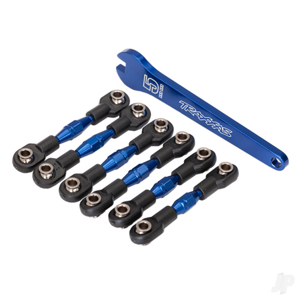 Traxxas Turnbuckles, aluminium (Blue-anodised), camber links, 32mm (Front) (2 pcs) / camber links, 28mm (Rear) (2 pcs) / toe links, 34mm (2 pcs) / aluminium wrench