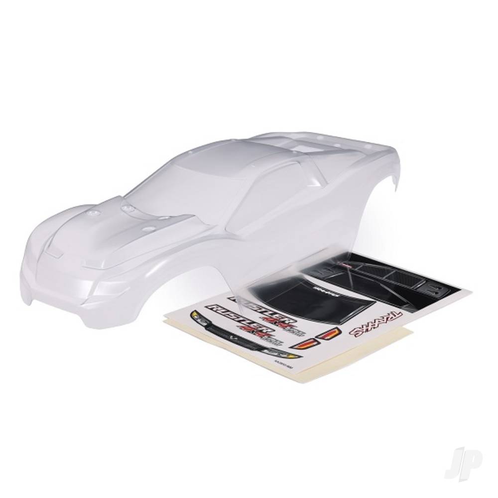 Traxxas Body, Rustler 4X4 (Clear, requires painting) / window, grille, lights decal sheet