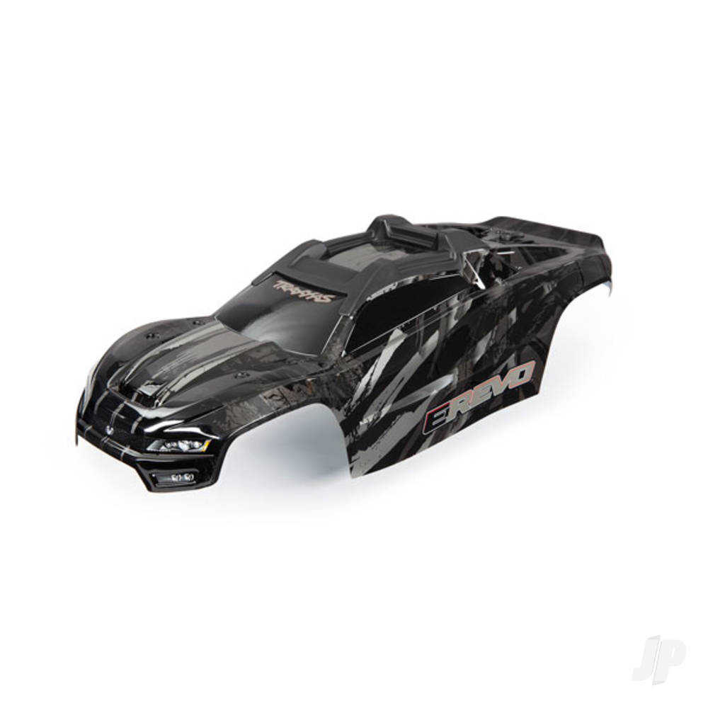 traxxas-body-e-revo-black-painted-decals-applied-assembled-with-front-rear-body-mounts-and-rear-body-support-for-clipless-mounting