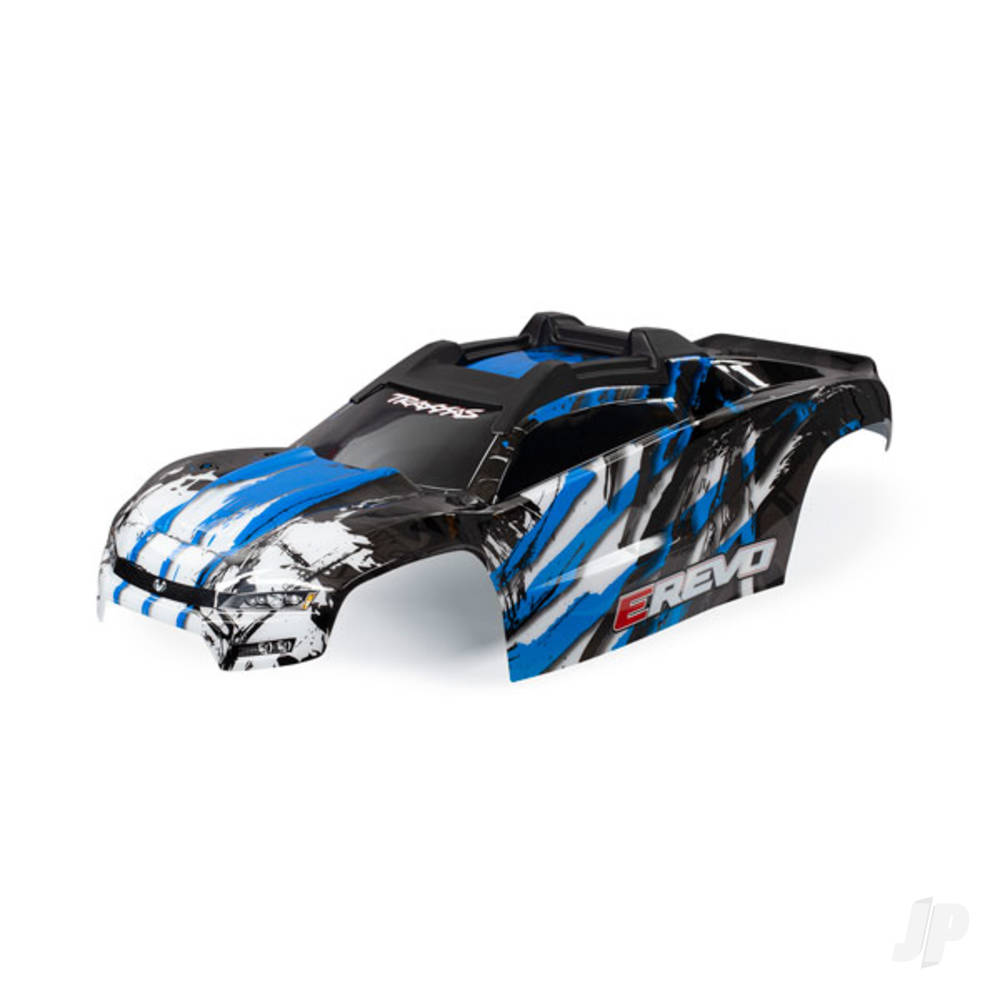 traxxas-body-e-revo-blue-painted-decals-applied-assembled-with-front-rear-body-mounts-and-rear-body-support-for-clipless-mounting