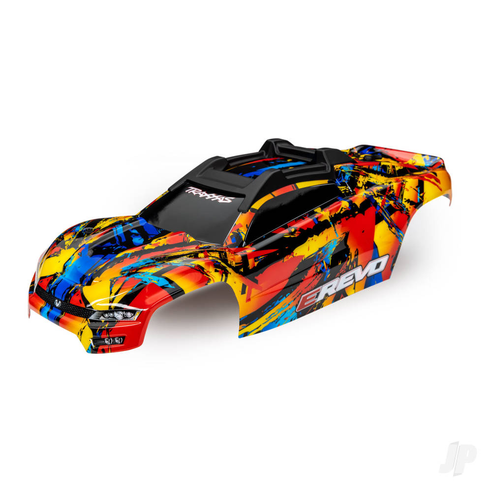 traxxas-body-e-revo-solar-flare-painted-decals-applied-assembled-with-front-rear-body-mounts-and-rear-body-support-for-clipless-mounting