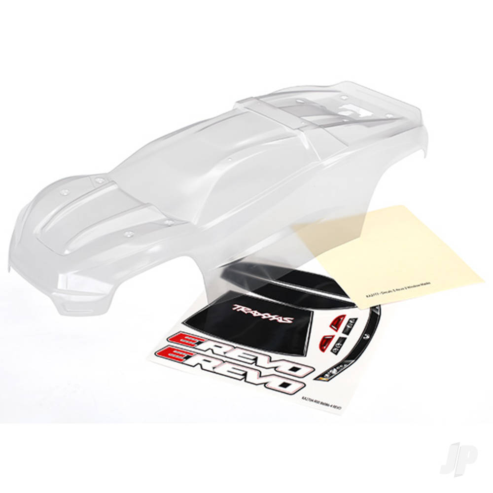 Traxxas Body, E-Revo (Clear, requires painting)/window, grille, lights decal sheet