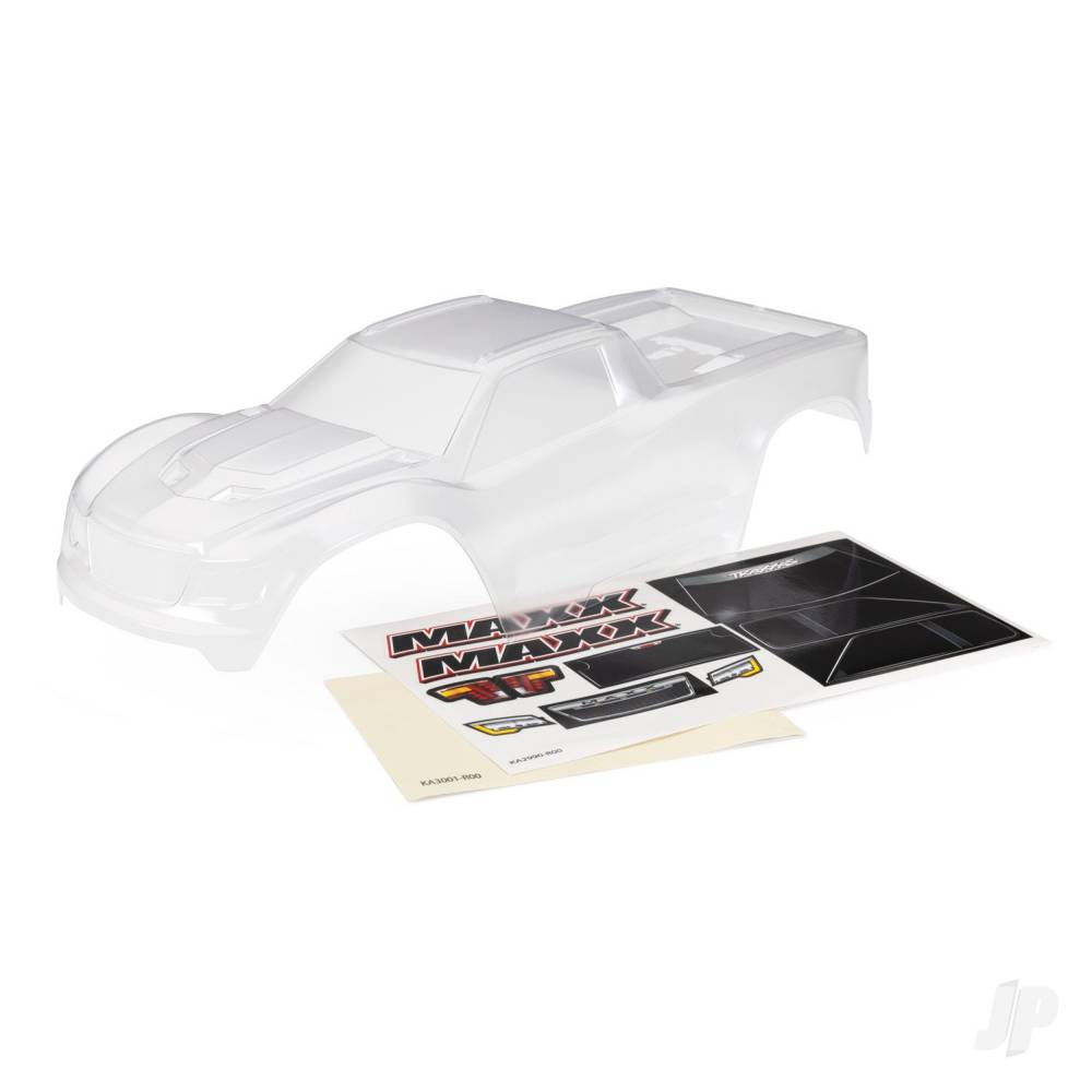Traxxas Body, Maxx (Clear, requires painting) / window masks / decal sheet (fits Maxx with extended chassis (352mm wheelbase))