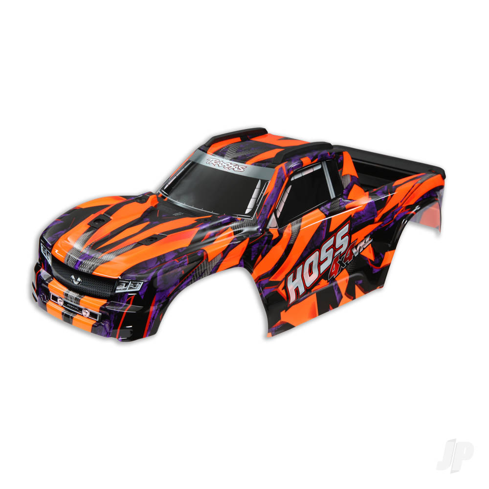 Traxxas Body, Hoss 4x4 VXL, Orange / Window, Grille, Lights Decal Sheet (Assembled with Front & Rear Body Mounts and Rear Body Support for Clipless Mounting)