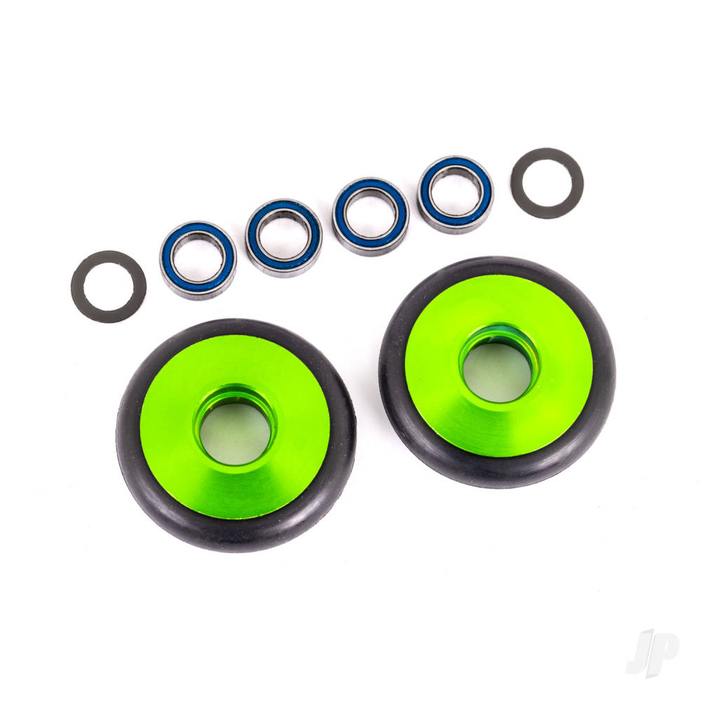 Traxxas Wheels, wheelie bar, 6061-T6 aluminium (Green-anodised) (2) / 5x8x2.5mm ball bearings (4) / o-rings (2) / 5x8x0.3mm TW (2)