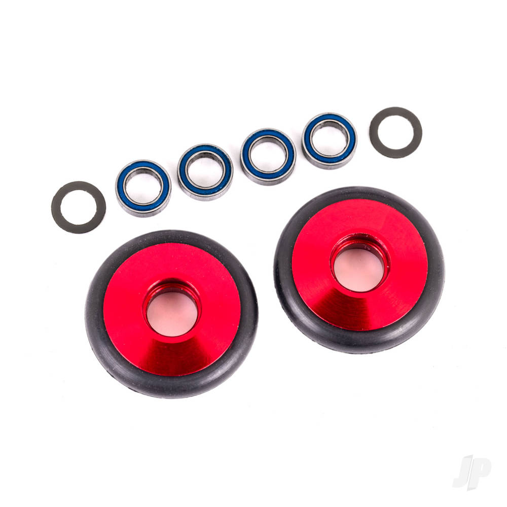 Traxxas Wheels, wheelie bar, 6061-T6 aluminium (Red-anodised) (2) / 5x8x2.5mm ball bearings (4) / o-rings (2) / 5x8x0.3mm TW (2)