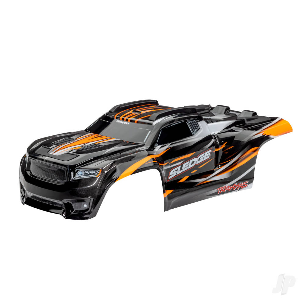traxxas-body-sledge-orange-window-grille-lights-decal-sheet-assembled-with-front-rear-body-mounts-and-rear-body-support-for-clipless-mounting