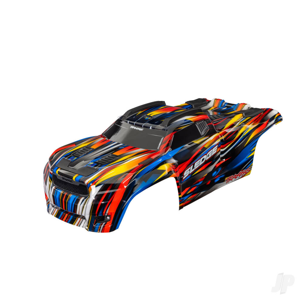 traxxas-body-sledge-blue-painted-decals-applied-assembled-with-front-rear-body-mounts-and-rear-body-support-for-clipless-mounting