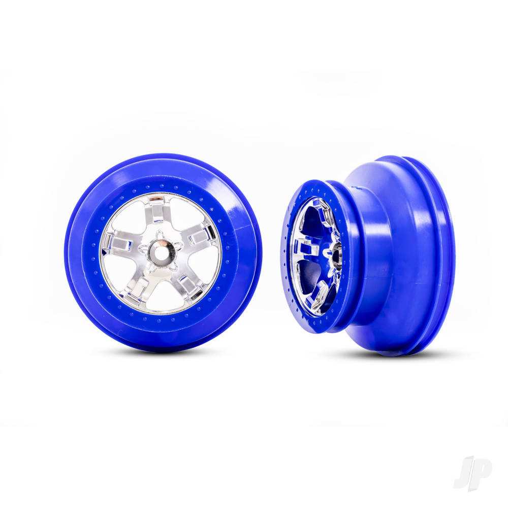 Traxxas Wheels, SCT Chrome, Blue beadlock style, dual profile (2.2in outer 3.0in inner) (2) (4WD front/rear, 2WD rear only)