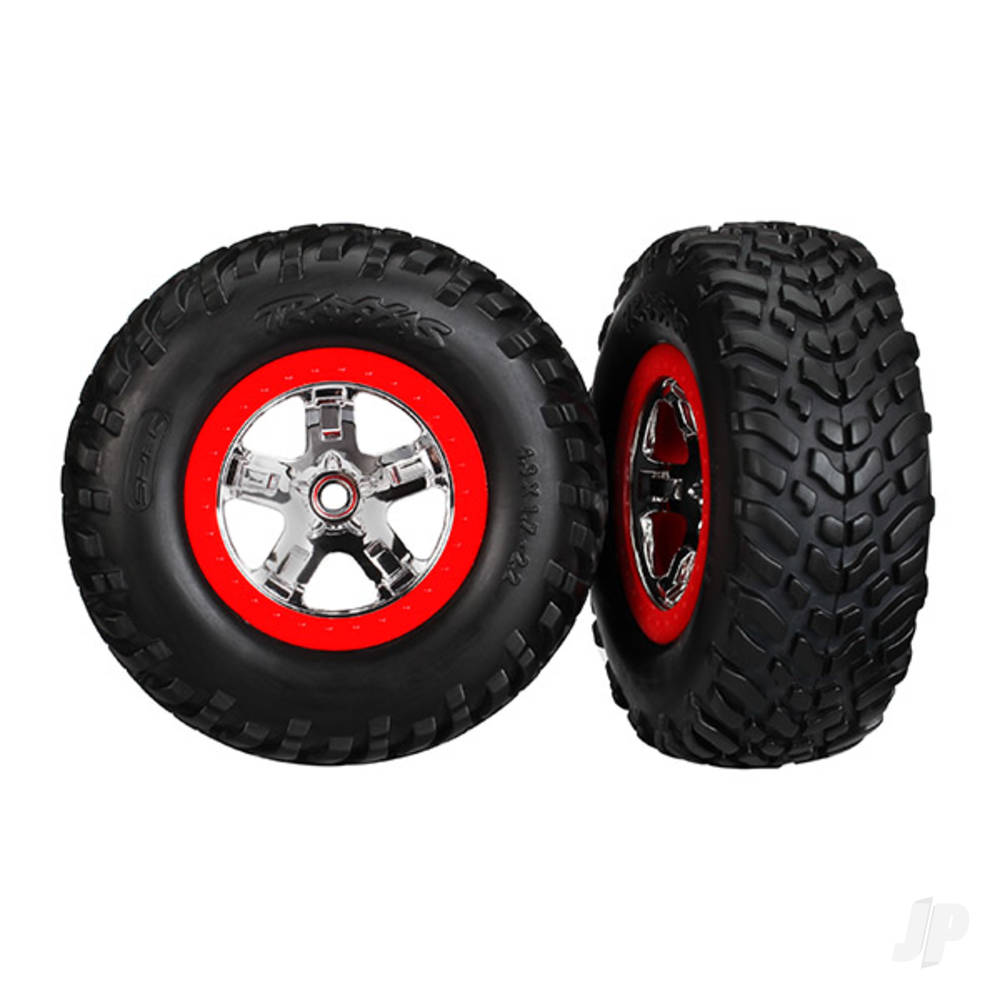 Traxxas Tyres & wheels, assembled, glued (SCT chrome wheels, red beadlock style, dual profile (2.2