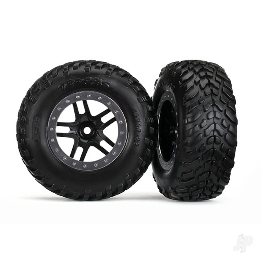 Traxxas Tyres & wheels, assembled, glued (SCT Split-Spoke black, satin chrome beadlock style wheel, dual profile (2.2