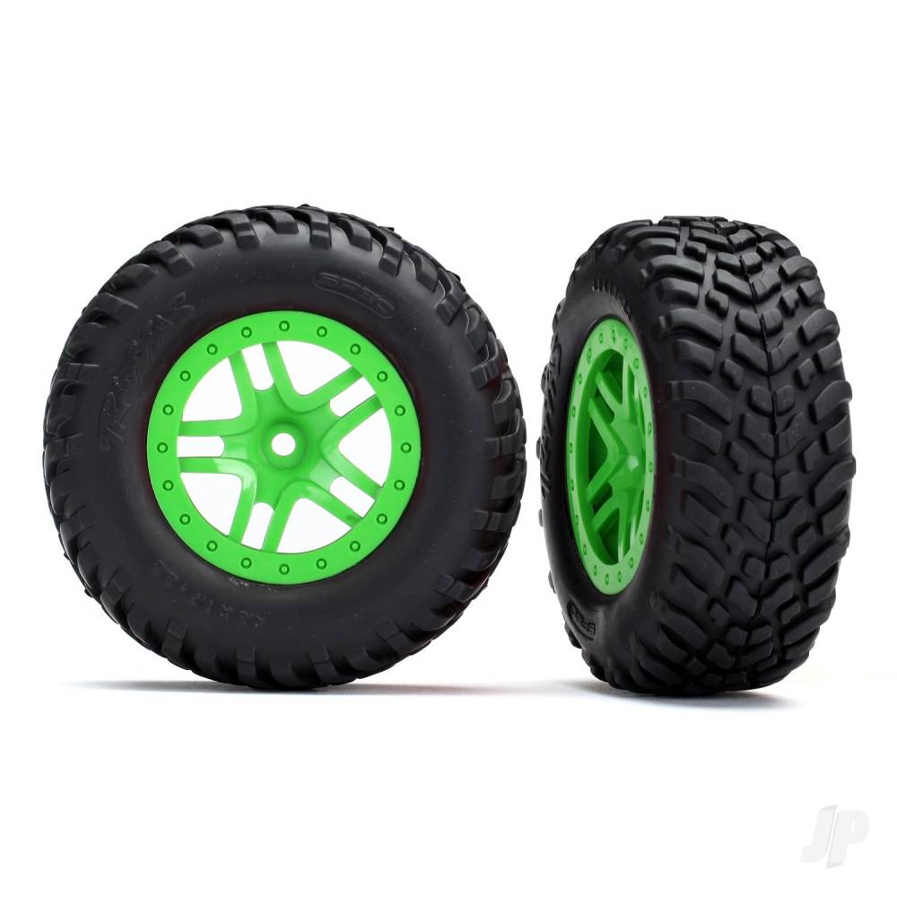 Traxxas Tyres & wheels, assembled, glued (SCT Split-Spoke green wheels, SCT off-road racing Tyres, foam inserts) (2) (4WD f/r, 2WD rear) (TSM rated)
