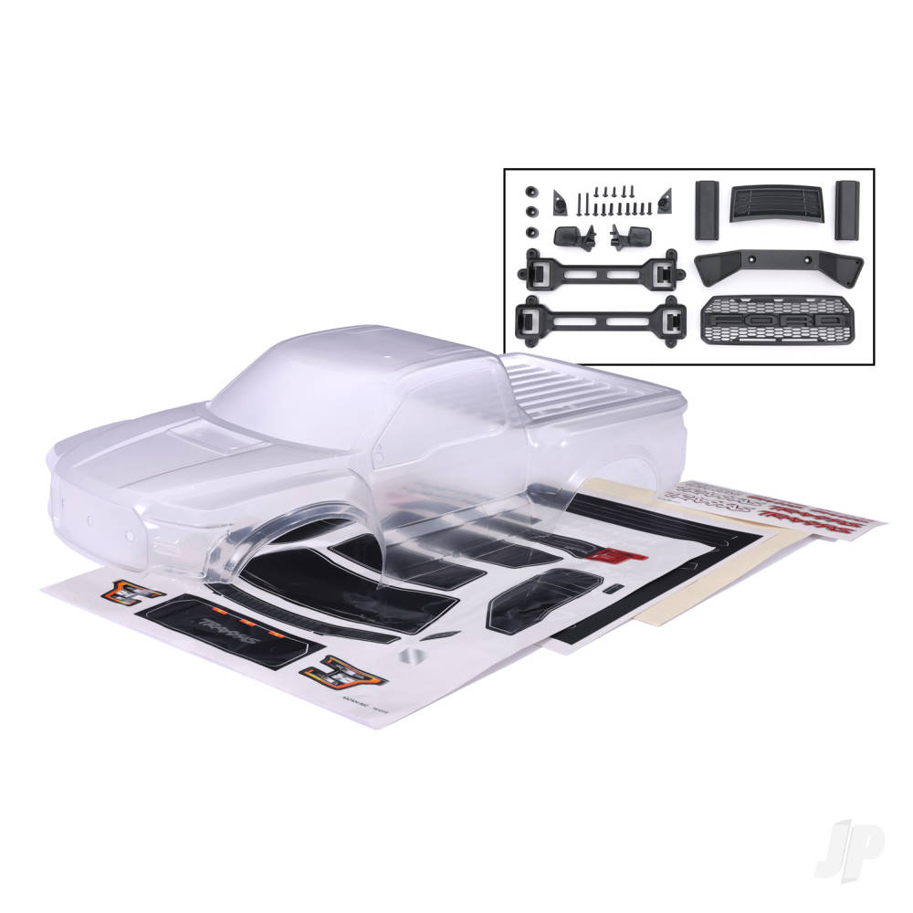 Traxxas Body, 2017 Ford Raptor, heavy duty (Clear, requires painting)/decals (includes latches and latch mounts for clipless mounting)