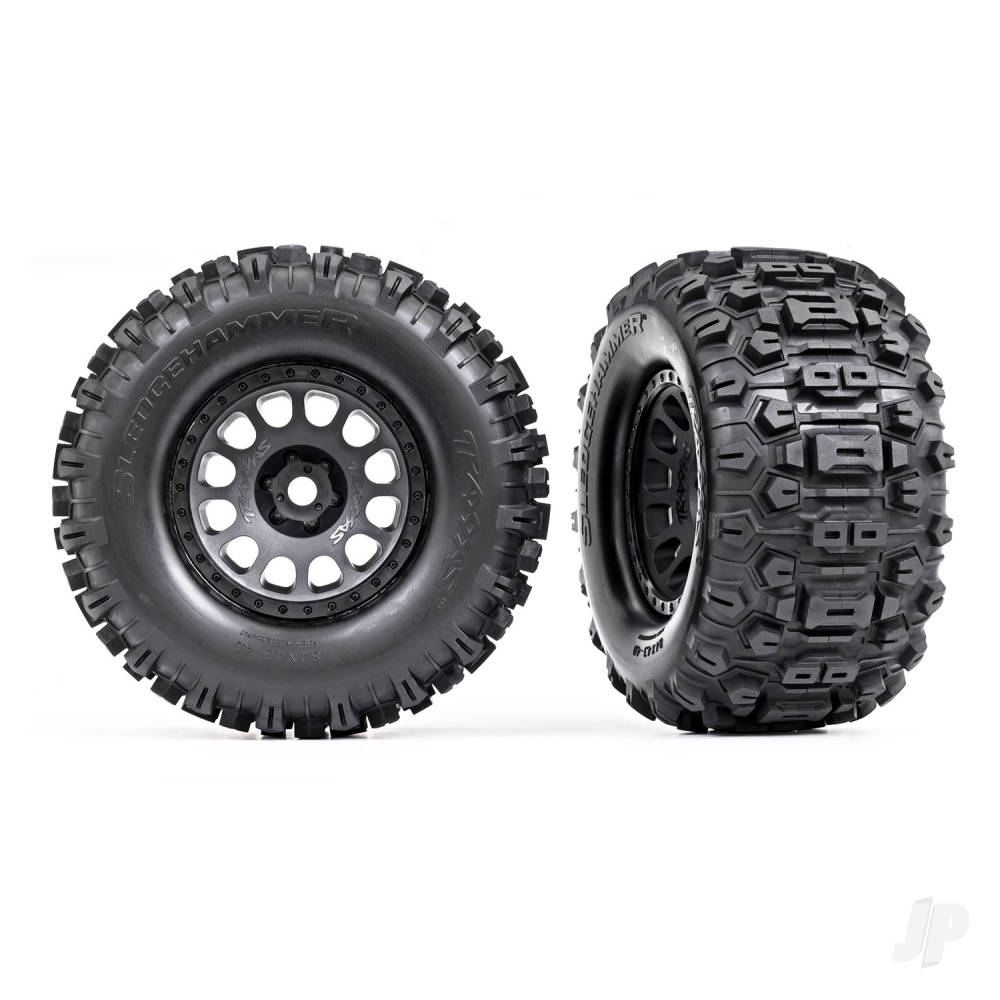 Traxxas Tyres & Wheels, Assembled, Glued (XRT Race Black wheels, Sledgehammer Tyres, foam inserts) (left & right)