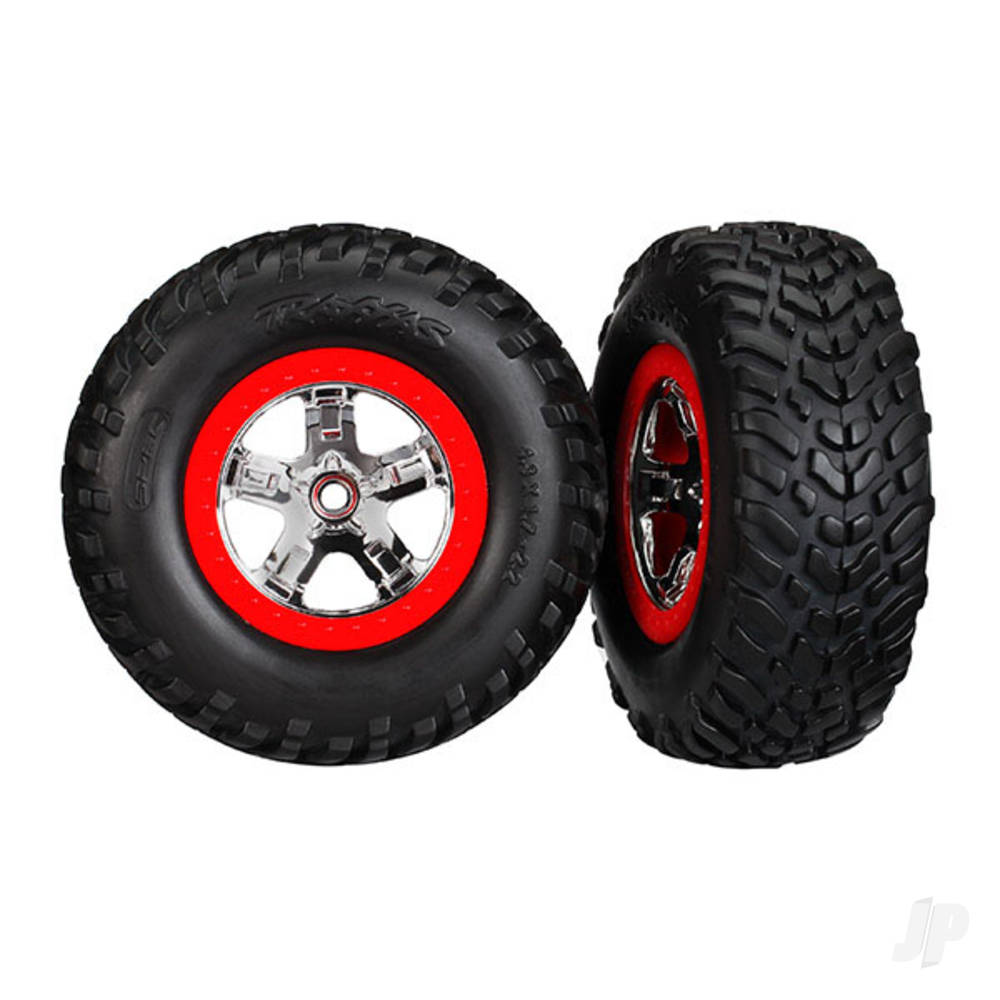 Traxxas SCT Chome Tyres & Wheels, Red Beadlock (Pair)