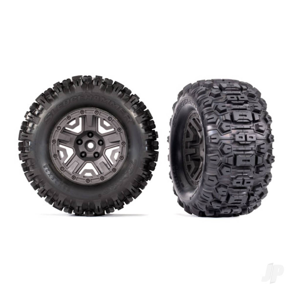 Traxxas Tyres & Wheels, Assembled, Glued (Charcoal Grey 2.8in wheels, Sledgehammer Tyres, foam inserts) (2) (TSM rated)