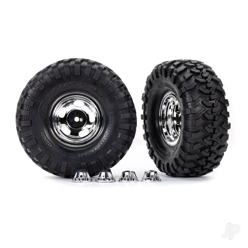 Traxxas Tyres & Wheels, Assembled, Glued (2.2in Chrome wheels, Canyon Trail 5.3 x 2.2in Tyres) (2)/ centre caps (2)/ decal sheet (requires #8255A extended thread stub axle)