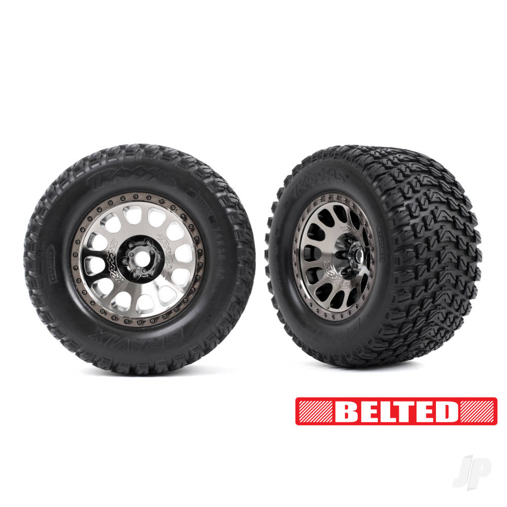 Traxxas Tyres & Wheels, Assembled, Glued (XRT Race Black Chrome wheels, Gravix belted tyres, dual profile (4.3in outer, 5.7in inner) foam inserts) (left & right)