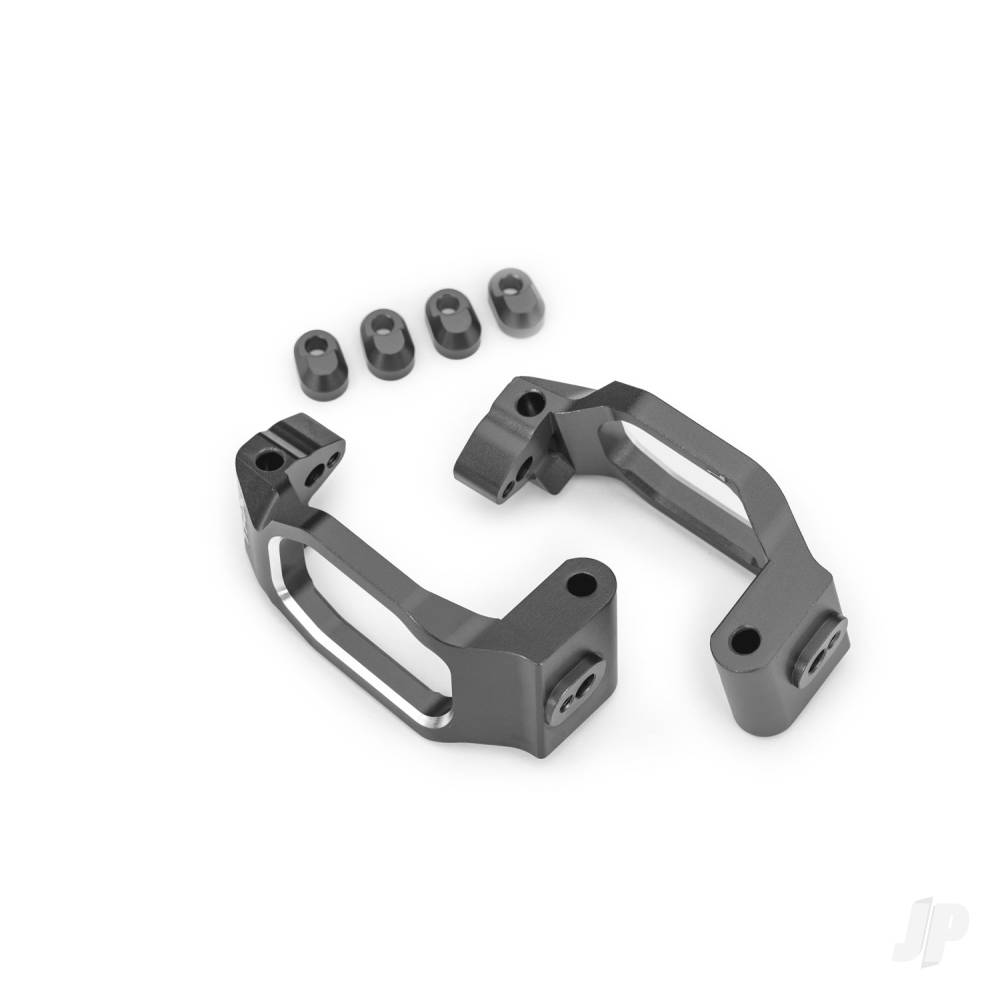 Traxxas Caster blocks, 6061-T6 aluminium (grey-anodised), left & right, 4x22mm pin (4), 3x10mm BCS (with threadlock) (4), retainers (4)