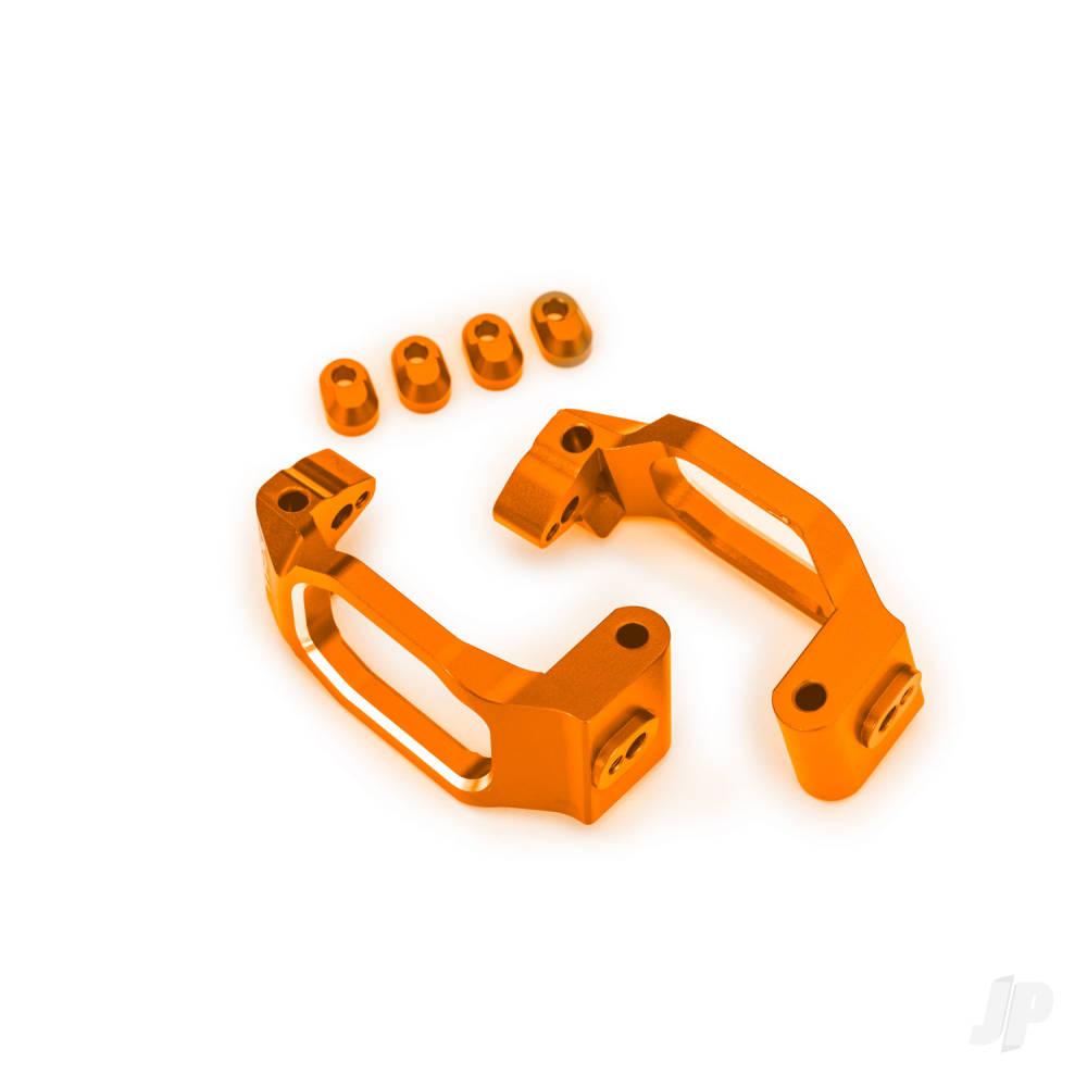 Traxxas Caster blocks, 6061-T6 aluminium (orange-anodised), left & right, 4x22mm pin (4), 3x10mm BCS (with threadlock) (4), retainers (4)