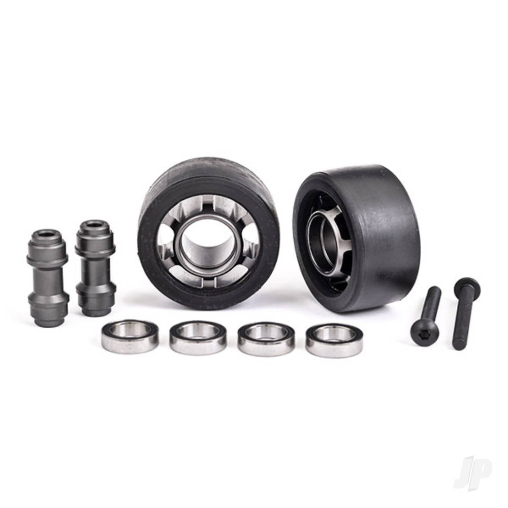 Traxxas Wheels, wheelie bar, 6061-T6 aluminium (Dark Titanium-anodised) (2) / axle, wheelie bar, 6061-T6 aluminium (2) / 10x15x4 ball bearings (4)