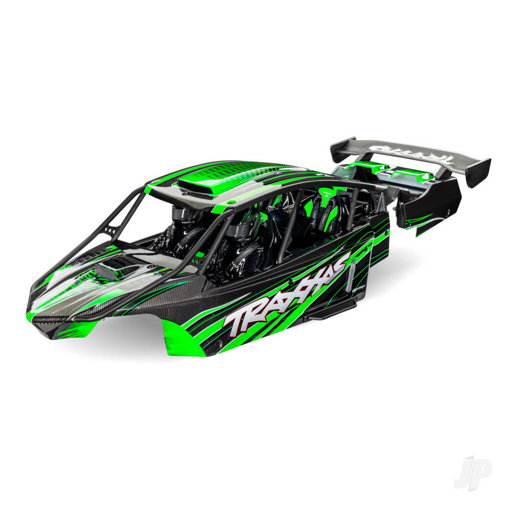 Traxxas Body, Funco Pro Scale Sand Car, green (painted, decals applied) (assembled with front & rear body supports for clipless mounting, roll cage & interior)