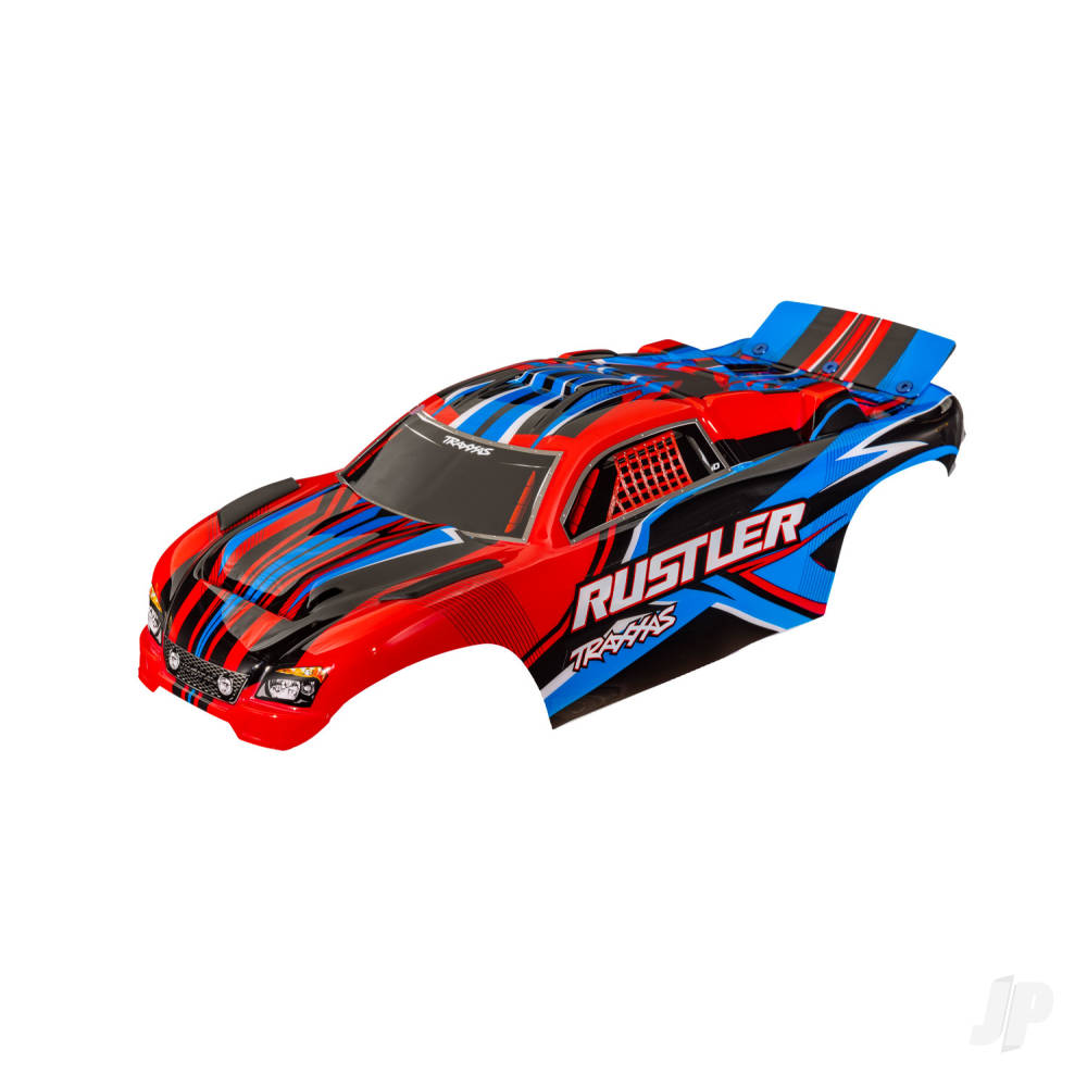 Traxxas Body, Rustler (also fits Rustler VXL), Red (painted, decals applied) (assembled with front & rear body mounts for clipless mounting)