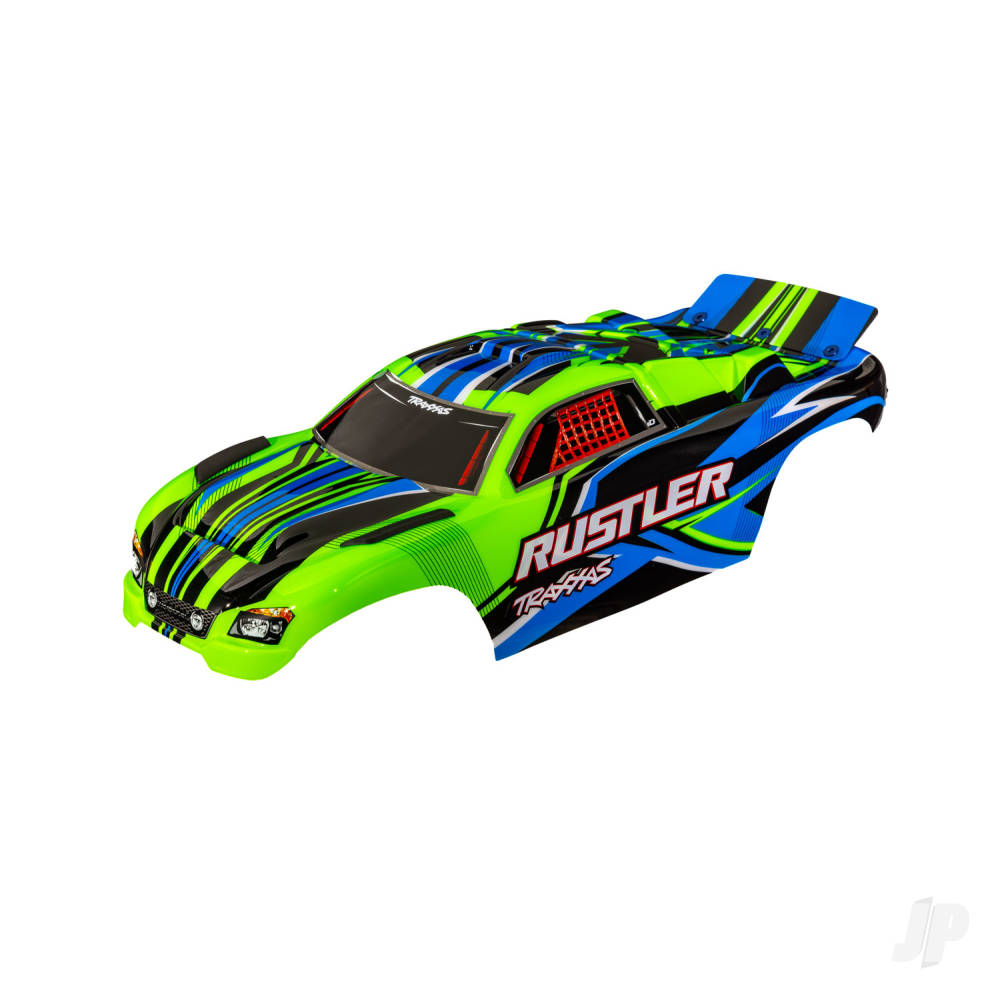 Traxxas Body, Rustler (also fits Rustler VXL), Green (painted, decals applied) (assembled with front & rear body mounts for clipless mounting)
