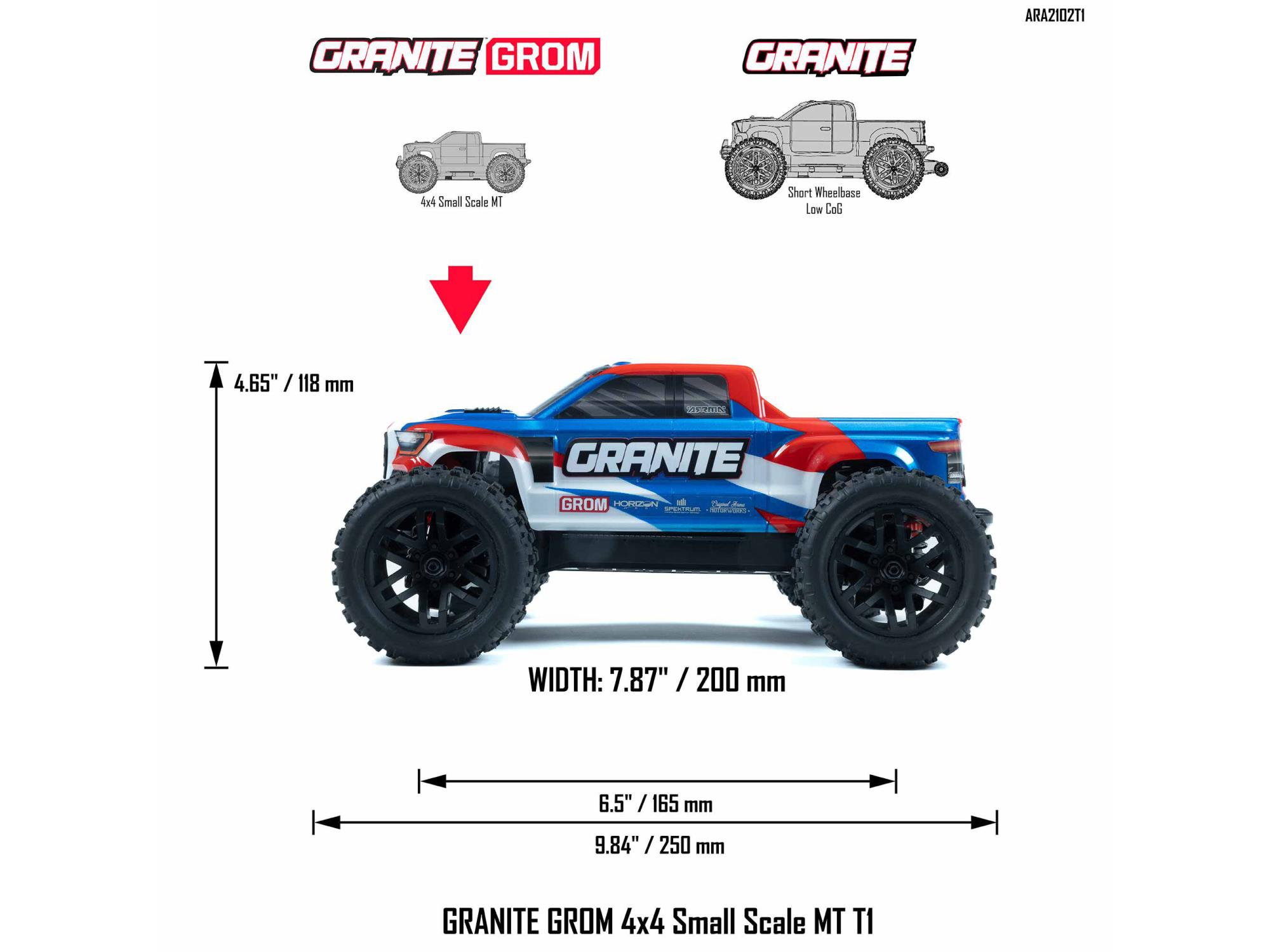 Arrma 1/18 Granite Grom Mega 380 Brushed 4X4 Monster Truck RTR (Blue/Red)-24