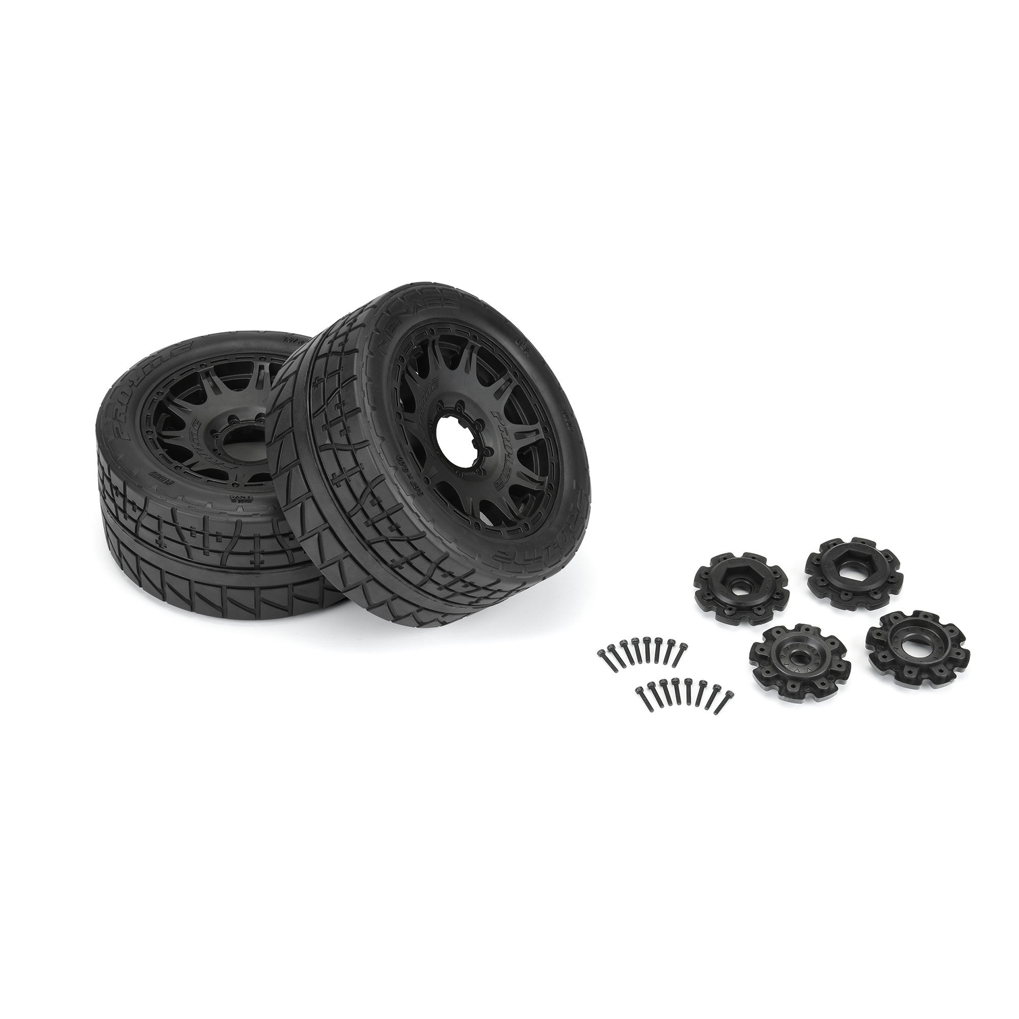 Menace HP 5.7" Street BELTED Tires Mounted on Raid Black 8x4-3