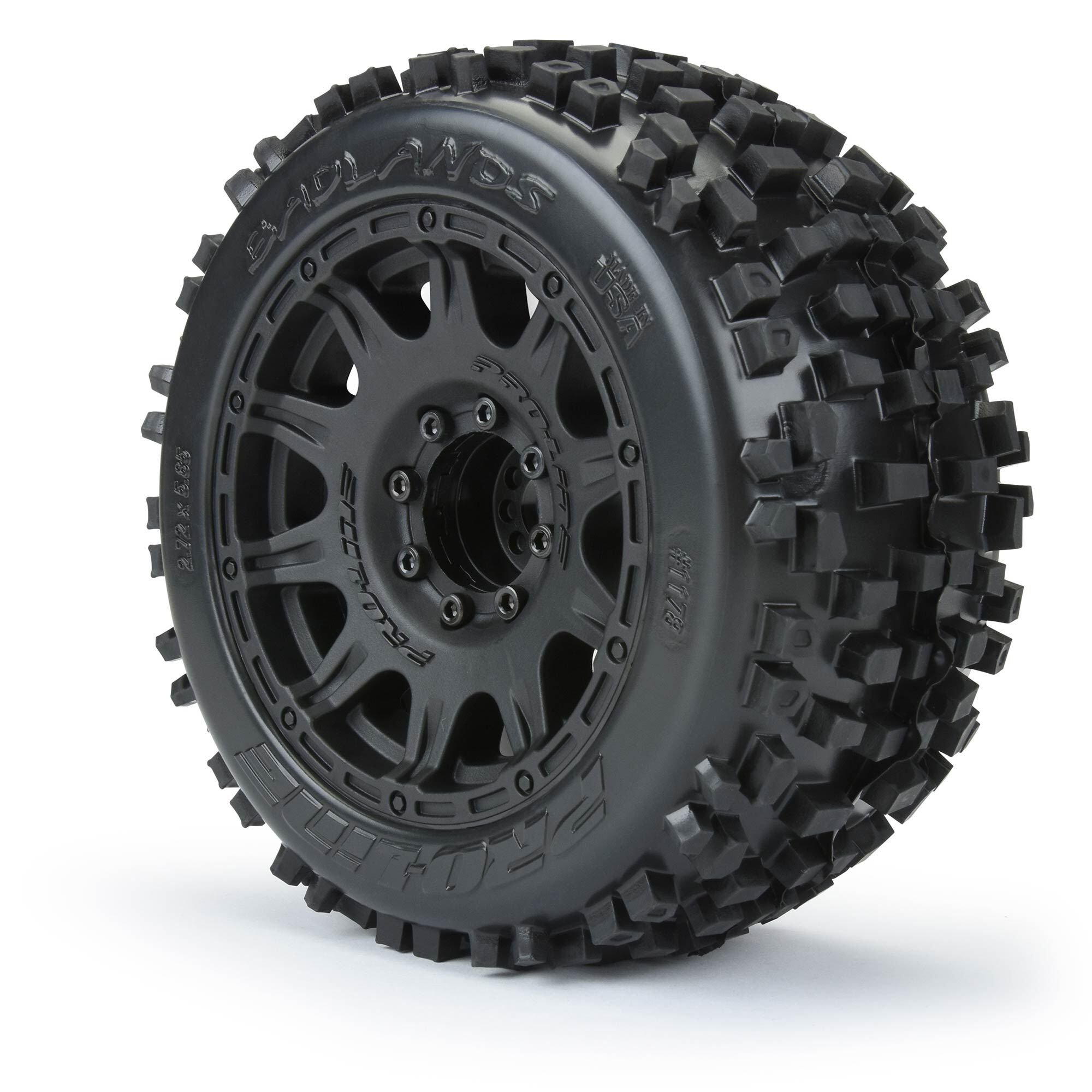 1/8 Badlands F/R 3.8" MT Tires Mounted 17mm Blk Raid (2)-2