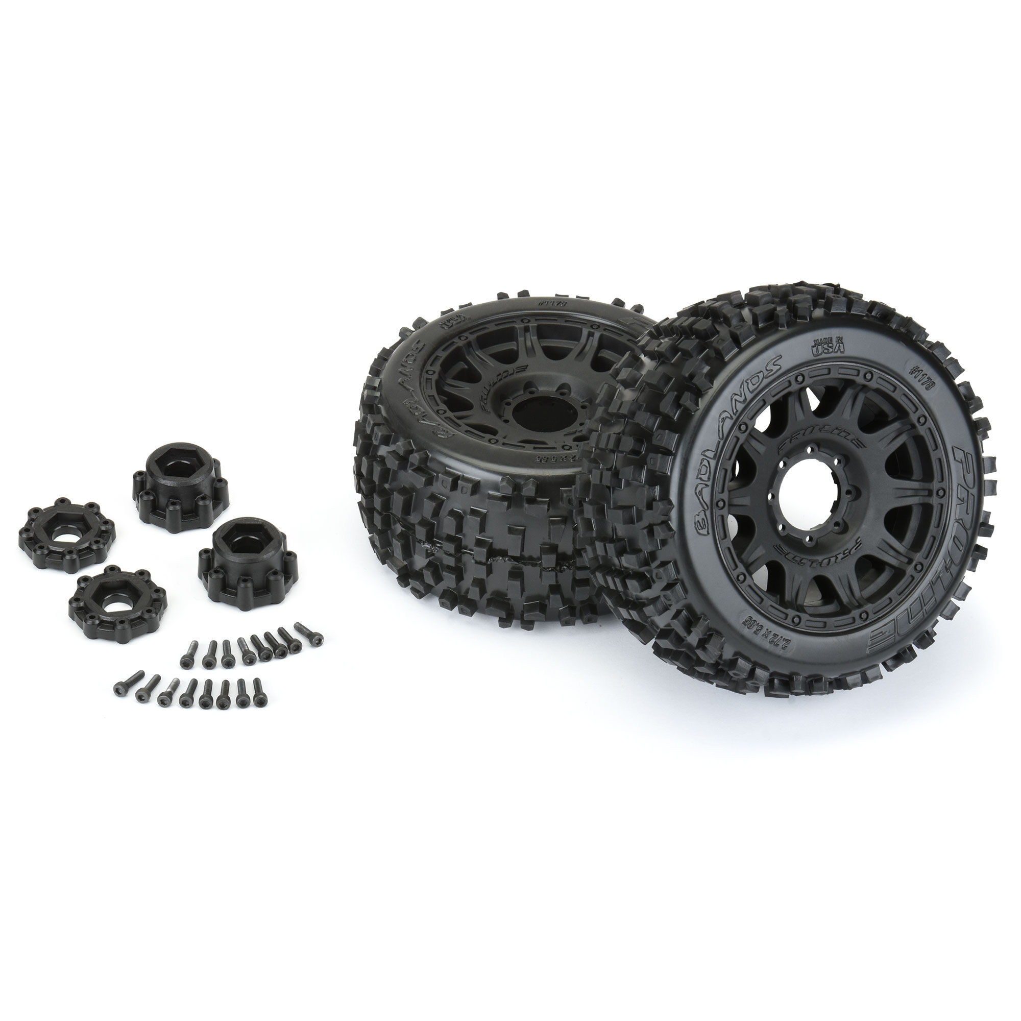 1/8 Badlands F/R 3.8" MT Tires Mounted 17mm Blk Raid (2)-5