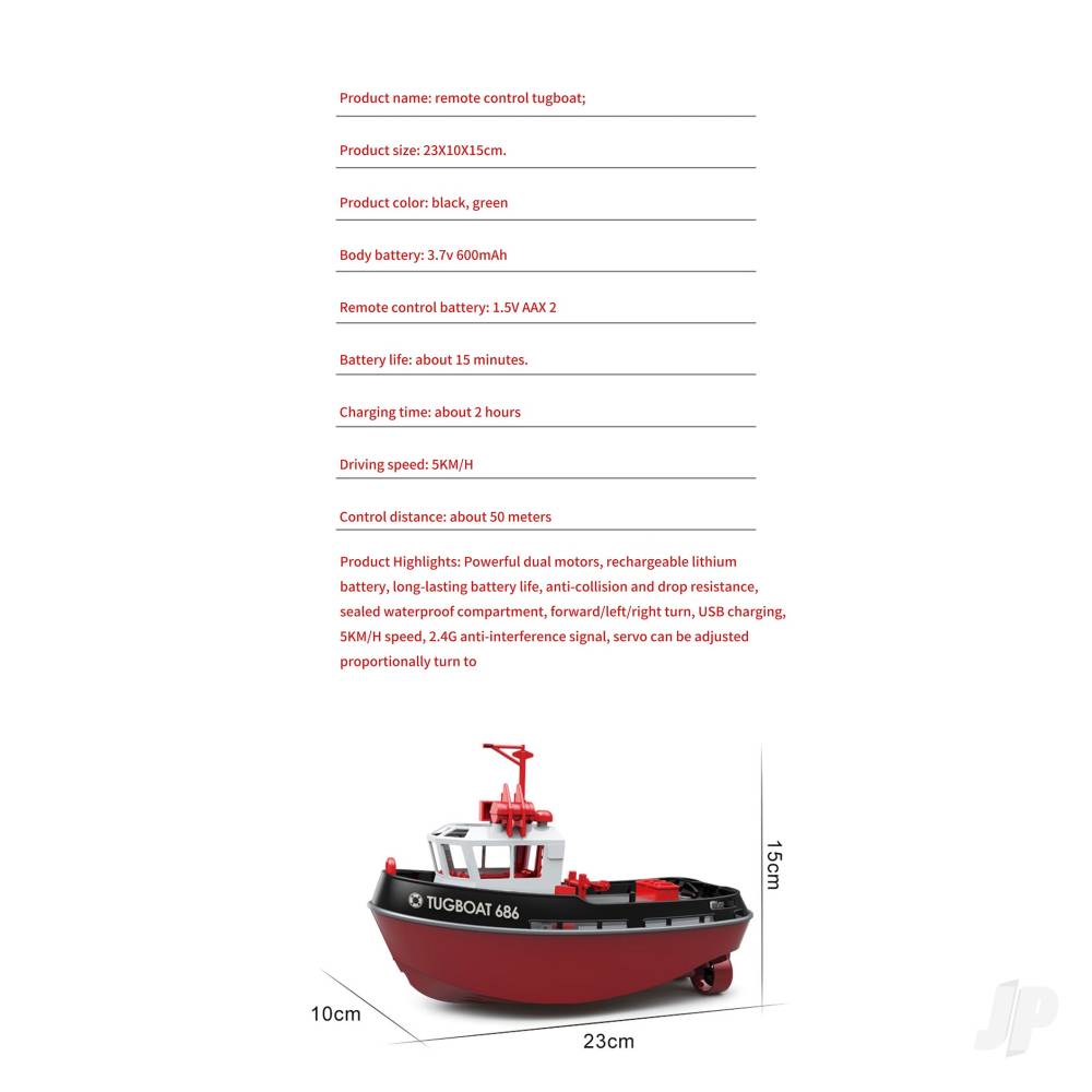 Henglong 1:72 Mini Tugboat, RTR, Green (230mm)-10